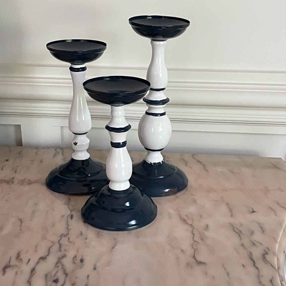 Set of 3 Rustic Metal candle Holders Blue & White